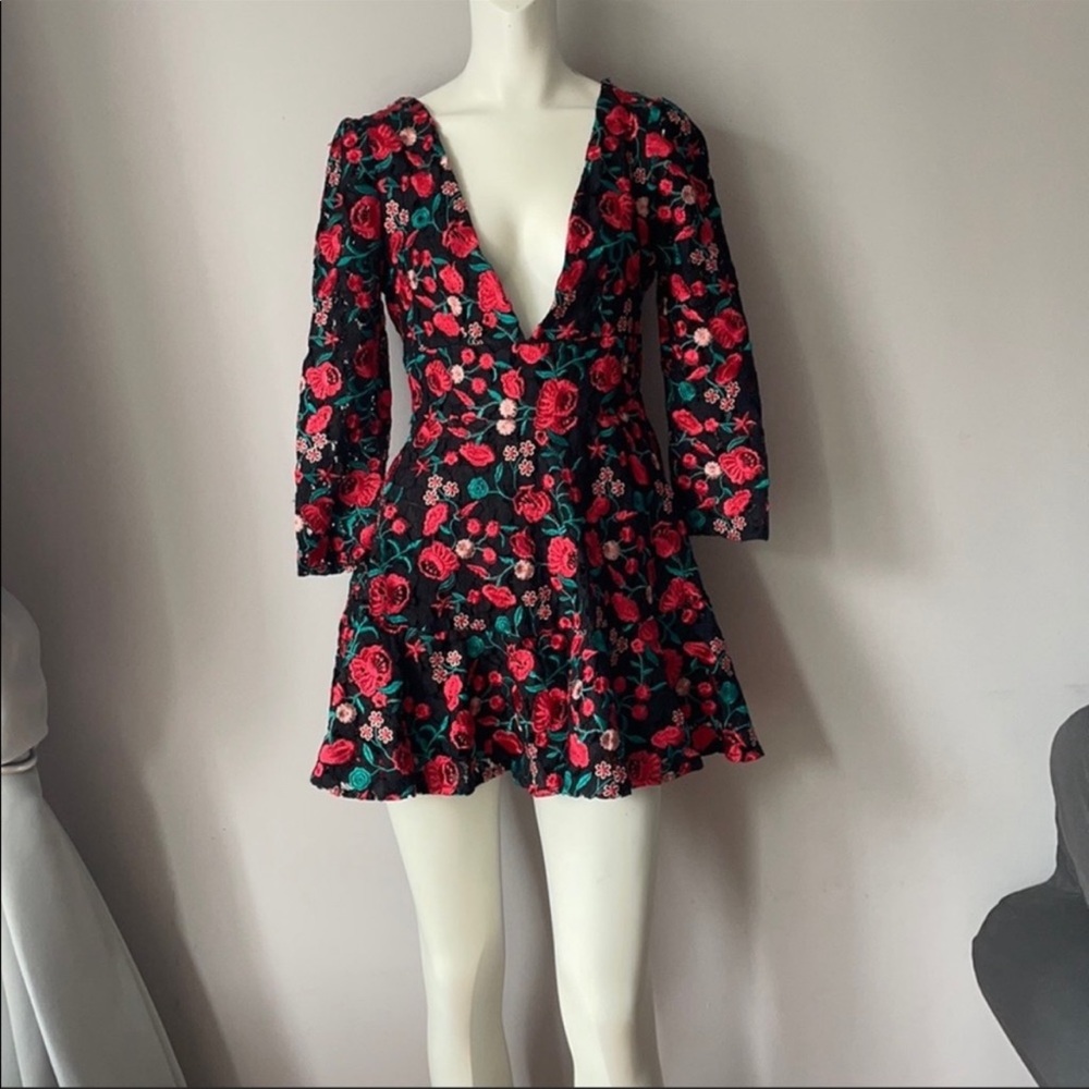 Lovers + Friends Black Mini Dress with Red Rose Floral Print